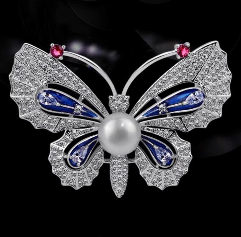 Exquisite Crystal Pearl Cute Enamel Pins Women s Flower Zircon Metal Painted Butterfly Brooch for Woman Jewelry Accessories серебряный