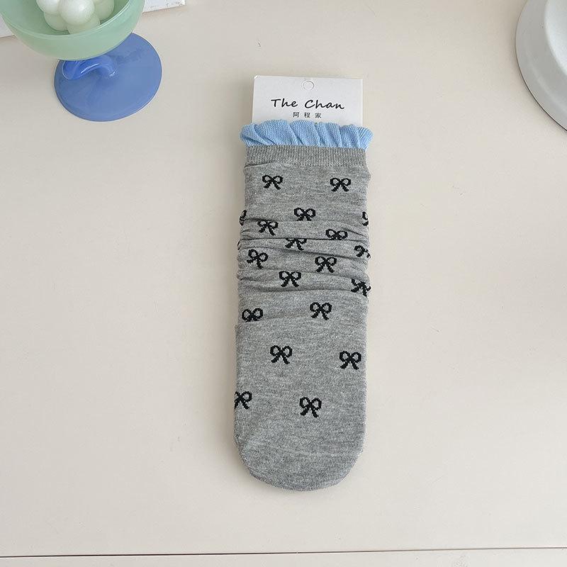 Female Autumn New Style Match Color Bow Bubble Mouth Lace In The Tube Stack Socks
