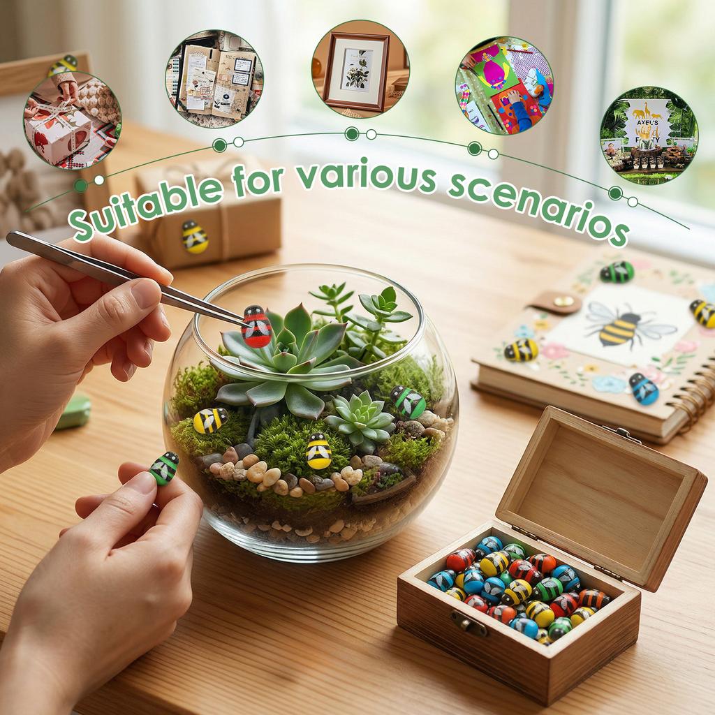 100Pcs Mini Wooden Ladybug Bee Self-adhesive Sticker Children Painted DIY Craft Fairy Garden Figurine Miniature Home Party Decor