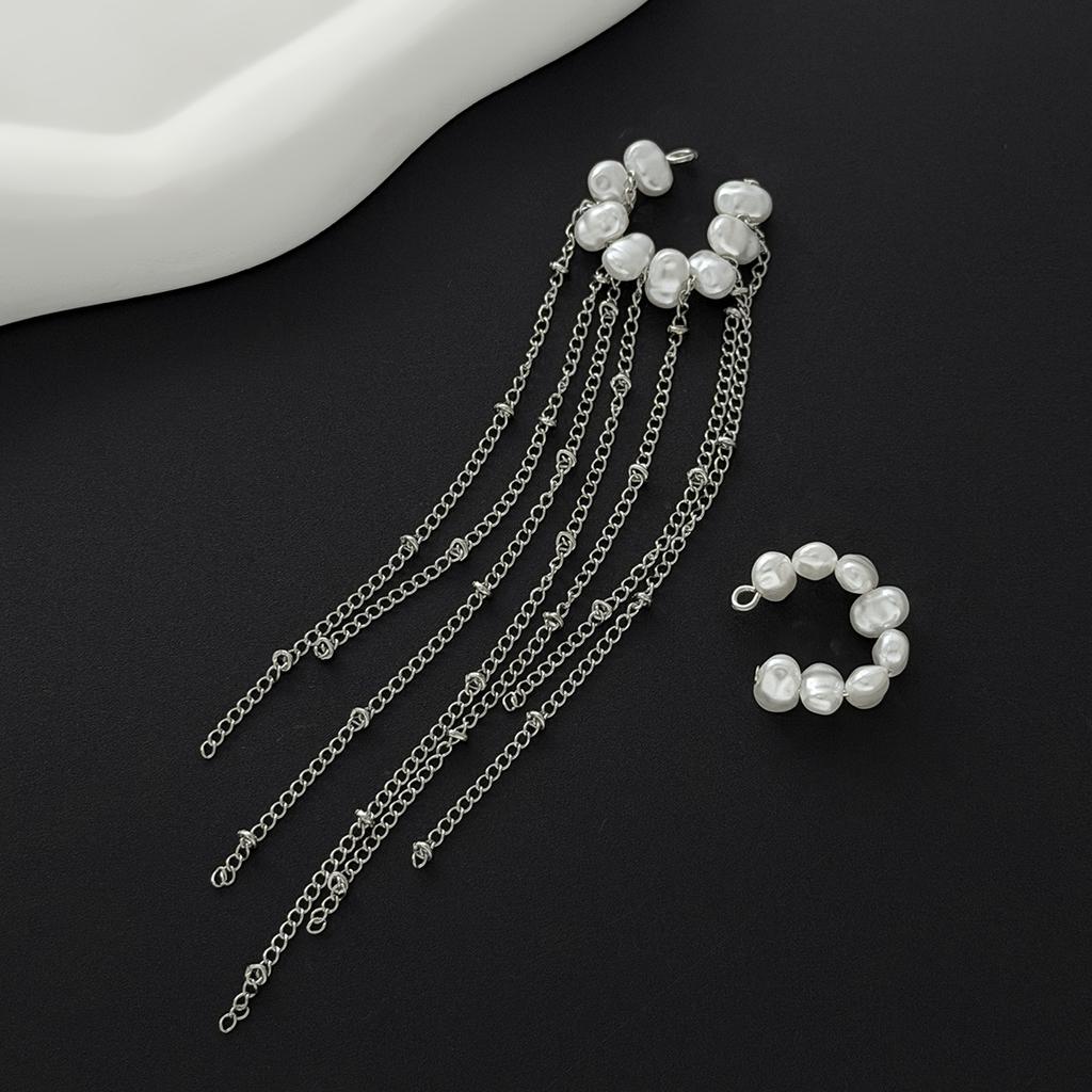 Ingemark 2Pcs Boho Round Imitation Pearl Earrings Women Elegant Exquisite Silver Color Tassel No Piercing Ear Clip New Jewelry