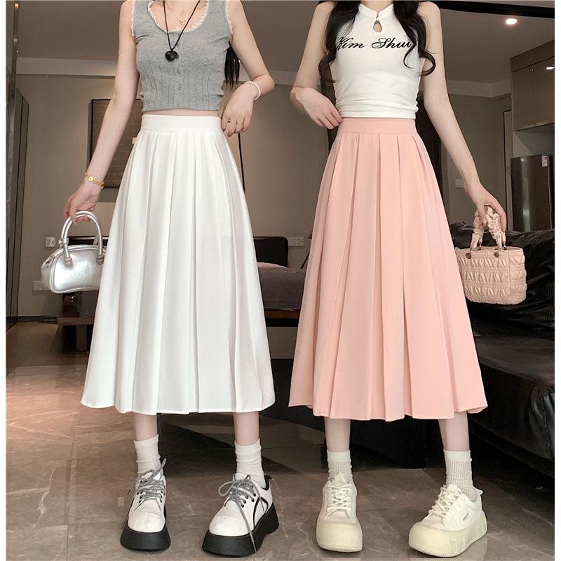 Chic Summer Pleated A-Line Skirt - Plus Size, Age-Reducing, Solid Color, Mid-Length