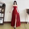 instunning European and American style temperament senior royal sister long dress banquet dress tube top mesh splicing pendulum dress
