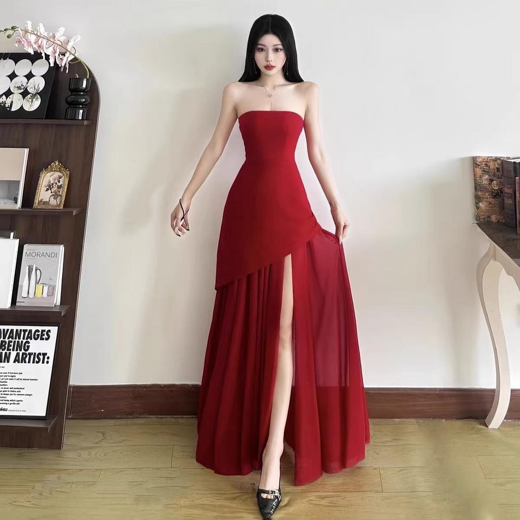 instunning European and American style temperament senior royal sister long dress banquet dress tube top mesh splicing pendulum dress