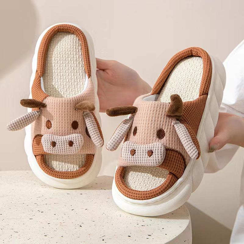 Cute Couple's Linen Slippers: Women's Summer Non-Slip, Thick-Soled, Sweat-Absorbent, Silent Cotton; Four Seasons Men's Style Included.