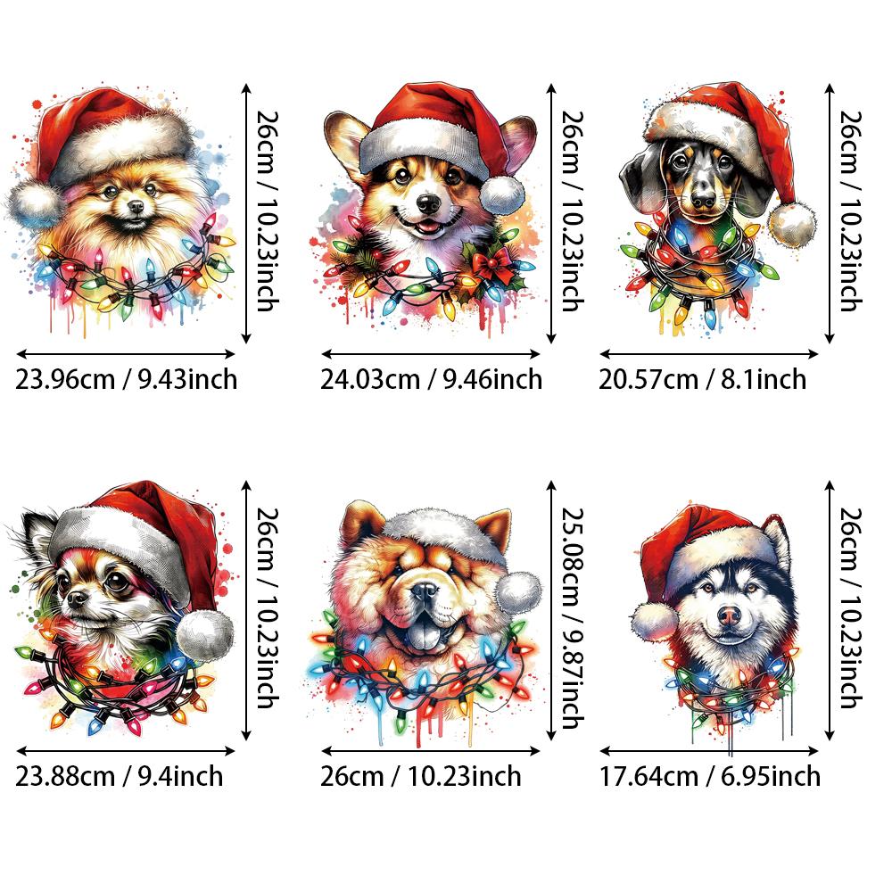 Christmas Pomeranian Dog Wearing Hat with Colored Lights Cross-Border Hit Trendy Logo Iron-On Patches Heat Transfer Techniques set of 6