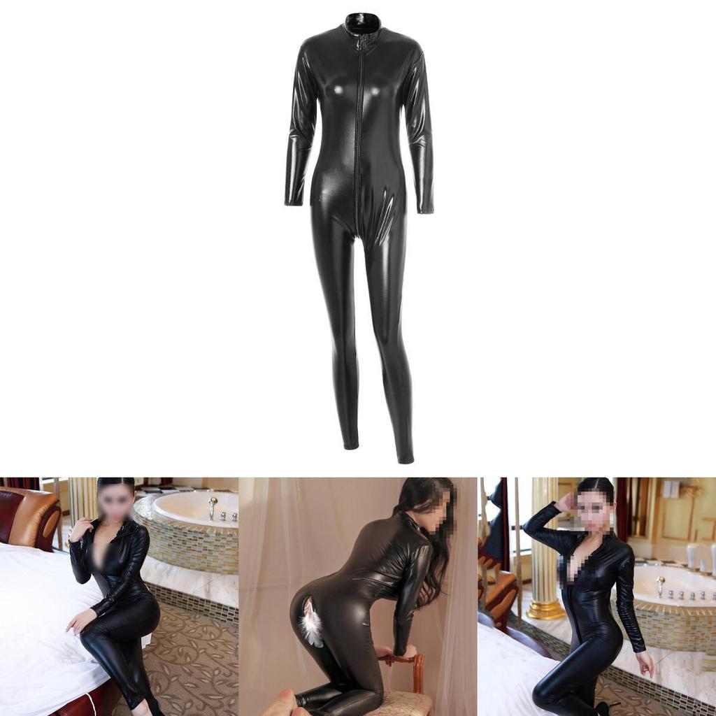 Tempting Black Full Body Latex Bodysuit With Long Sleeves And Zippered Design For Role Play And Cosplay