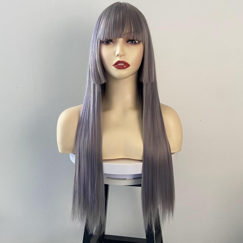 Qi Bangs Long Straight Wig Synthetic Full Head Cover Purple Hime Style Colored Hairstyle Set