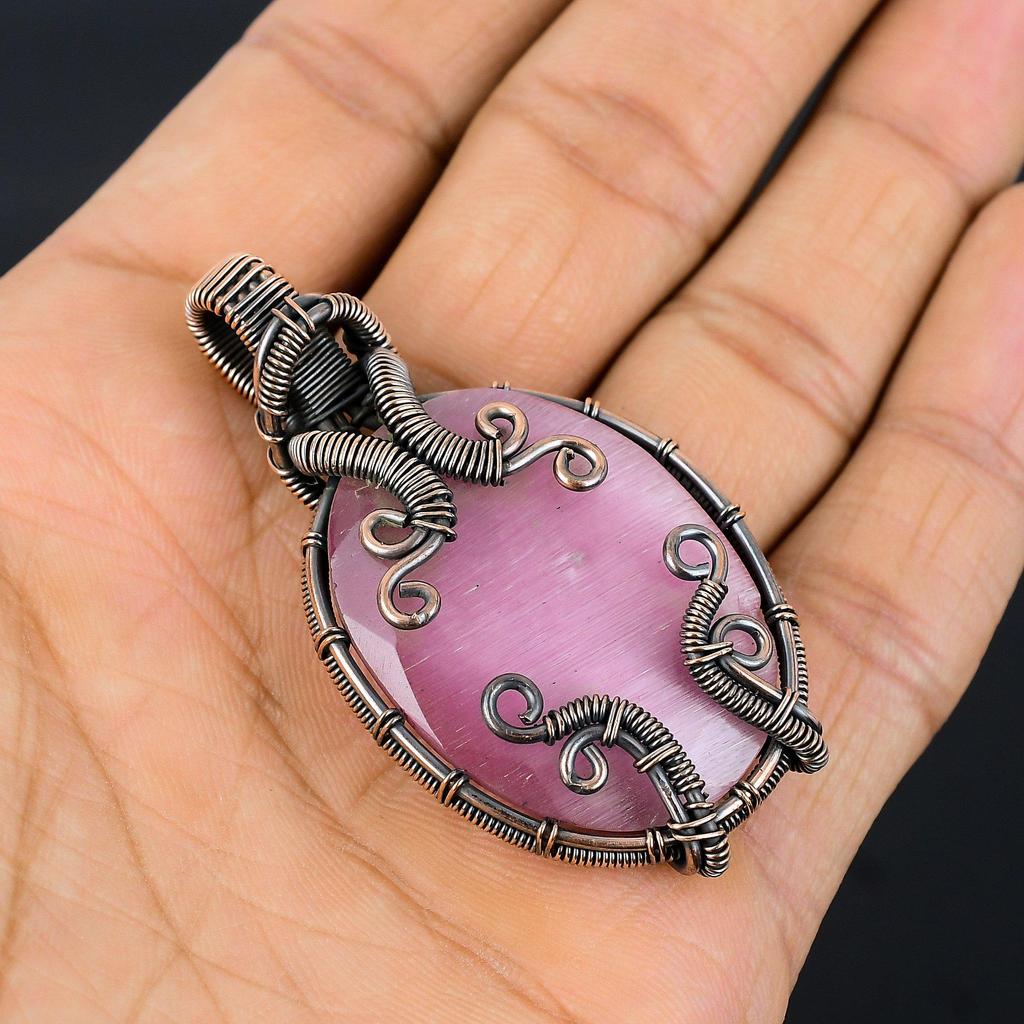 Pink Monalisa Pendant, 999 Copper Wire Wrapped Pendant Handmade Gemstone Jewelry, Gifts For Wife Brand New Pendant