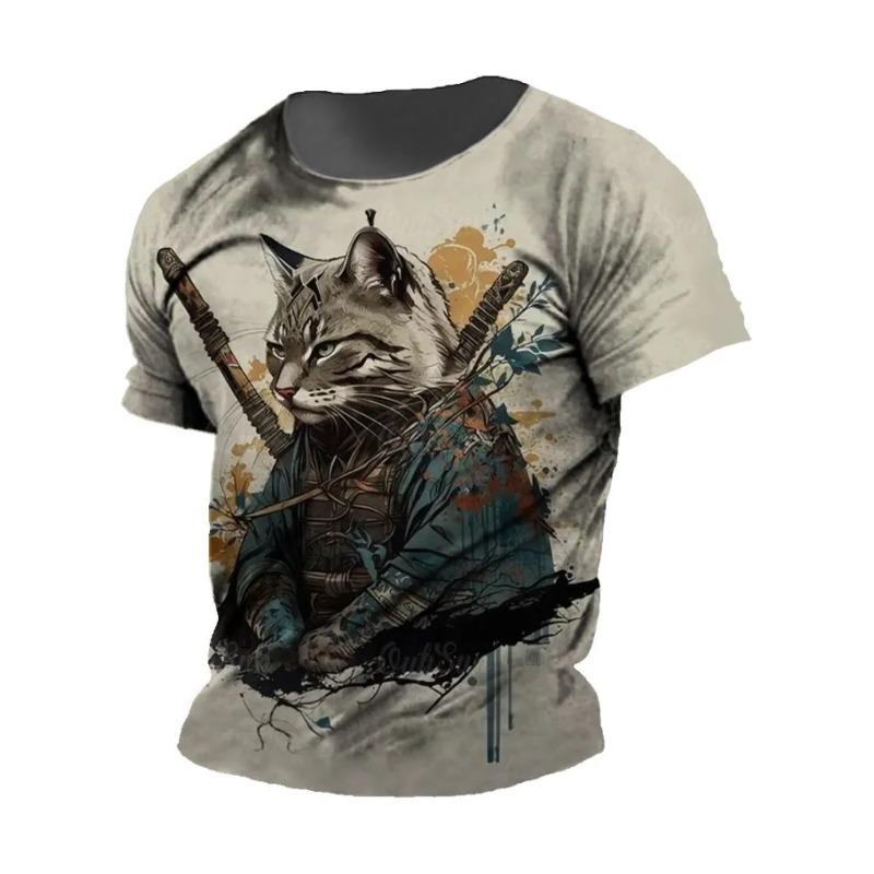 Men's Shirt Style Samurai Cat Graphic 3D Printed Fashion T-Shirt Casual Short Sleeved Tee Ersized Men Clothing Tshirt