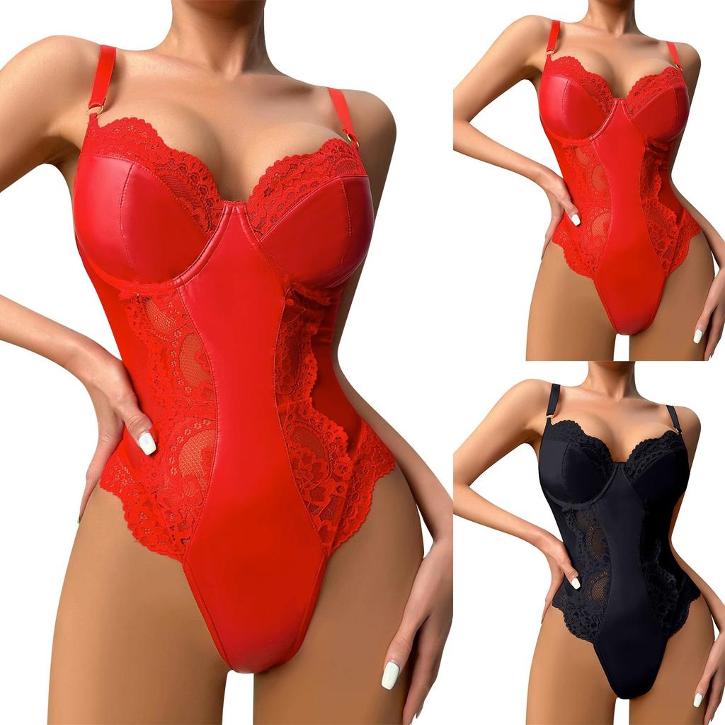 Naiste seksikas õõnsast pitsist, nahast lapitöödeldud lõbus pesukomplekt