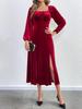 2024 European & American Women's Sexy Slit Velvet Dress with Square Neck & Puff Long Sleeves