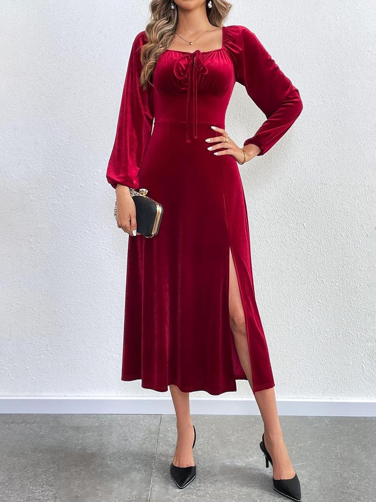 2024 European & American Women's Sexy Slit Velvet Dress with Square Neck & Puff Long Sleeves