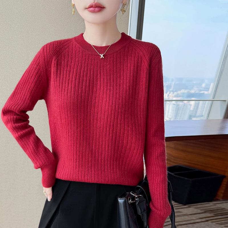 100% Wool Round Neck Long Sleeve Women's Solid Twill Ribbed Base Layer Top - 2026 Autumn/Winter Collection