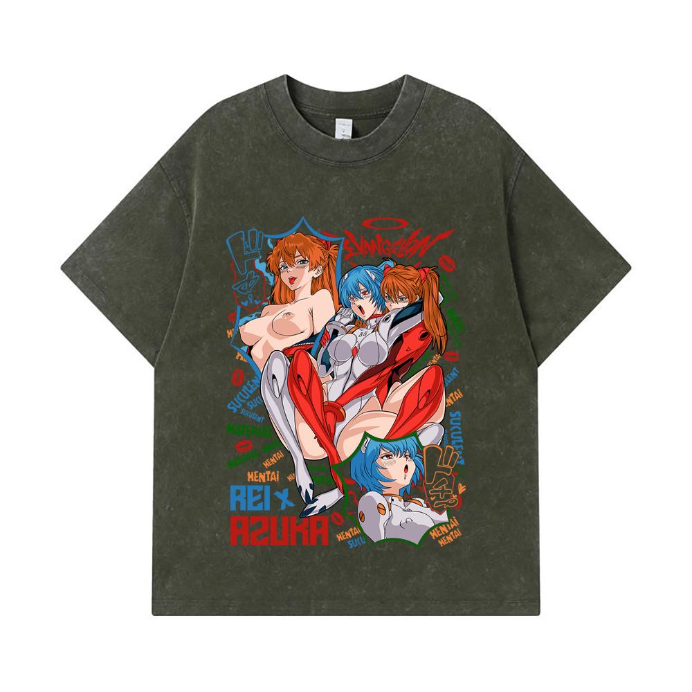 

275 GSM Washed T-shirts 100% Cotton Evangelion V9 Asuka Rei Waifu Print Unisex Heavy Cotton T Shirt S армия зеленый
