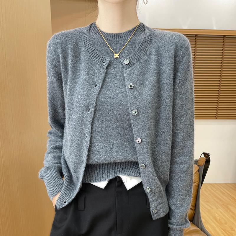 Top de Toamnă și Iarnă pentru Femei Set din Două Piese Lână Merino Pulover cu Gât Rotund Mânecă Lungă Cardigan și Pulover cu Mânecă Scurtă Top Tricotat pentru Toate Sezoanele