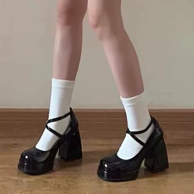 Fashion Women's High Heels Mary Janes Shoes Fashion Brand Platform Ankle Buckle Pumps Women's British Style Thick Heels Party Dress Shoe
