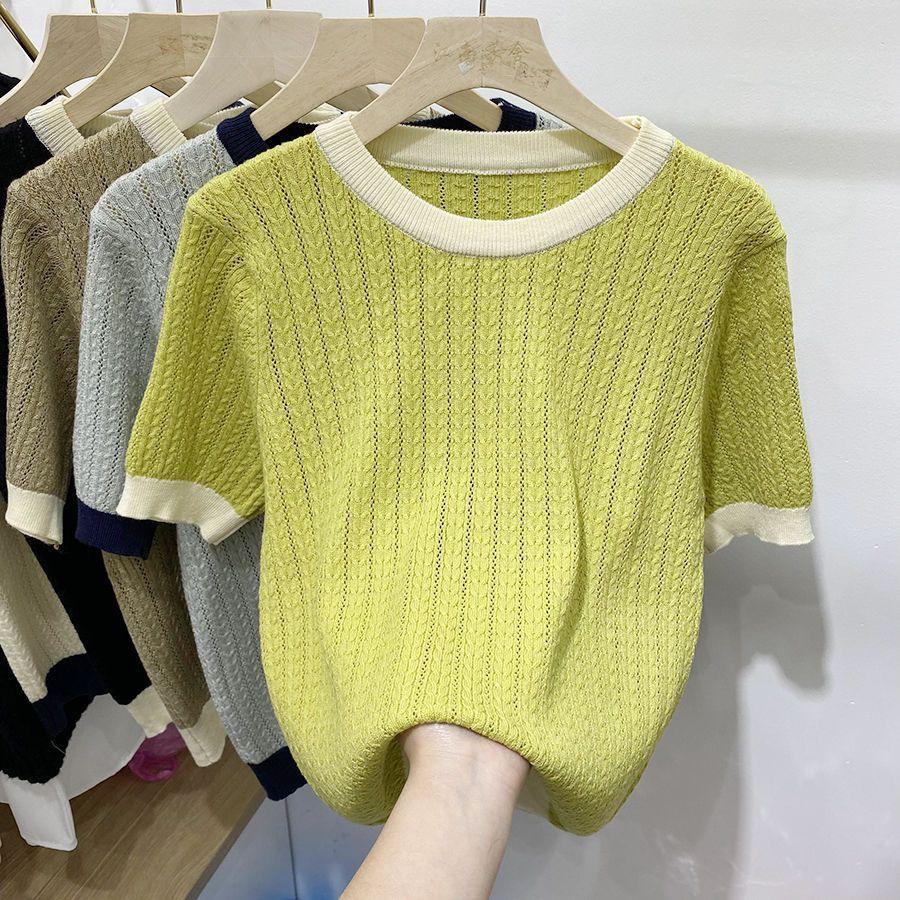 Women's Plus Size Ice Silk Patchwork Short Sleeve Knit Top