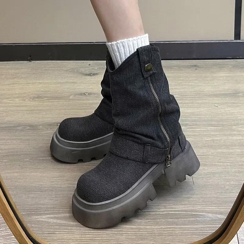 Fashion Women Thick Heel Western Cowboy Boots Female New Fashion High Heels Ankle Boots Woman Autumn Winter Platform Motorcycle Botas