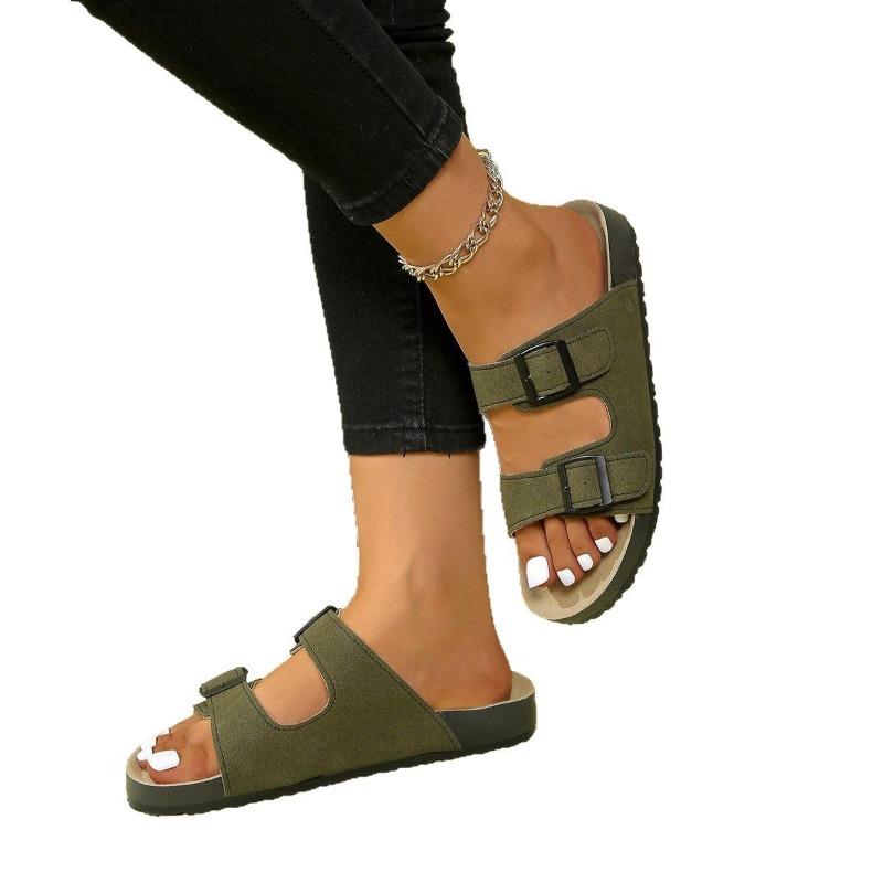 New summer double buckle classic fashion versatile cork medium heel thick bottom large size women's cool slippers