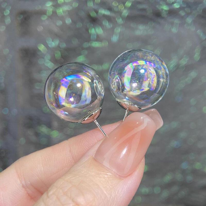 Dreamy Summer Colorful Bubbles S925 Silver Stud Earrings - Sweet Transparent Glass Ball Ear Accessories