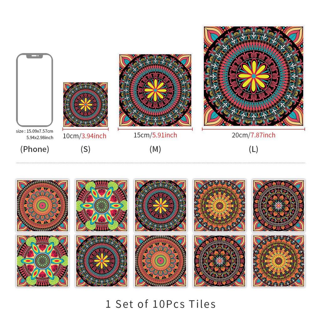 10 Pieces Of Mandala Flower Brick Self-Adhesive Wall Sticker Waterproof Oil-Proof Kitchen Living Room Wall Decoration European Crystal Tile Sticker