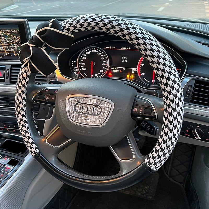 Car Steering Wheel Cover Summer Cotton Linen Breathable Non-Slip Goddess Houndstooth Bow All-Season Universal Handlebar Cover
