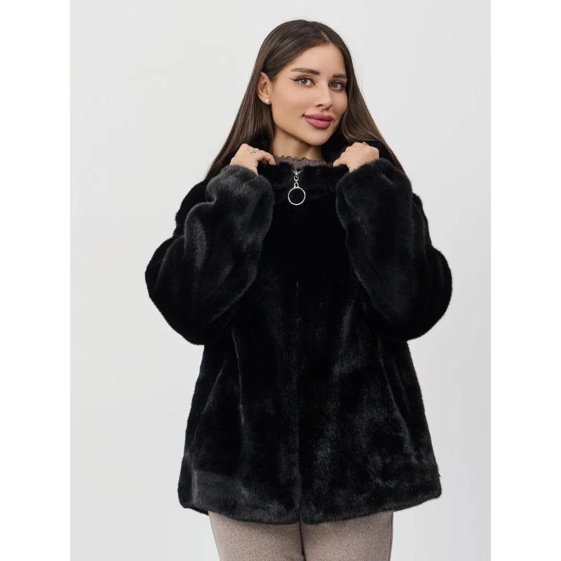 Women's Environmentally Friendly Plush Jacket Medium and Long Artificial Fur Thickened Thermal Hooded Imitation Mink Fur Coat