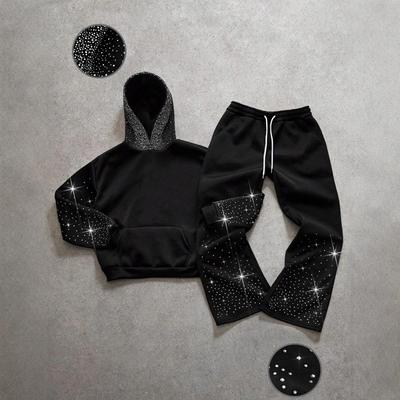 Gothic Streetwear Hoodie Hose Set Mit Strassstein Verzierung Unisex Langarm Freizeit Trainingsanzug Schwarz