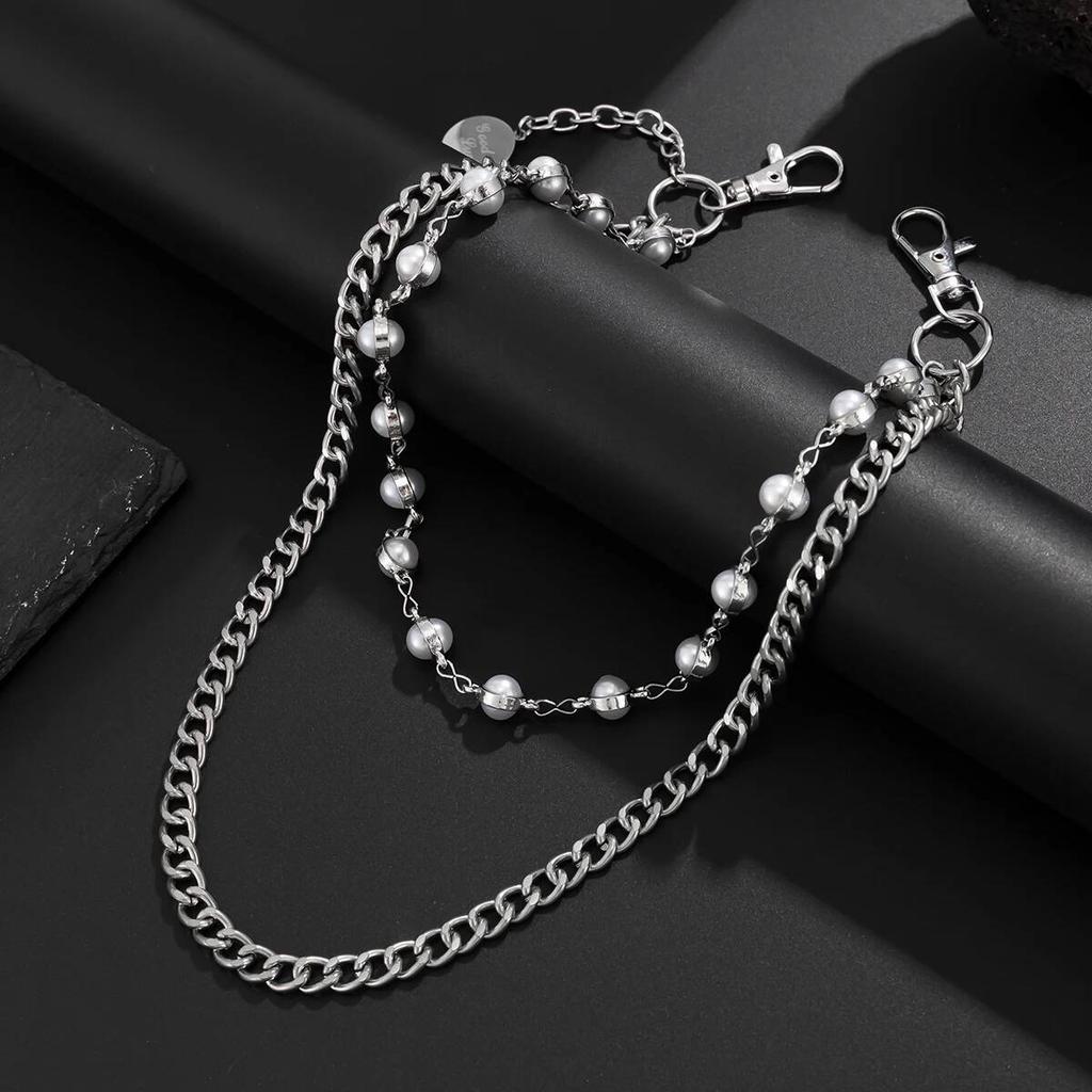 Salircon Hip Hop Punk Imitation Pearls Jeans Pants Keychain for Men Gothic Beads Pants Chain Street Harajuku Jewelry Accessories