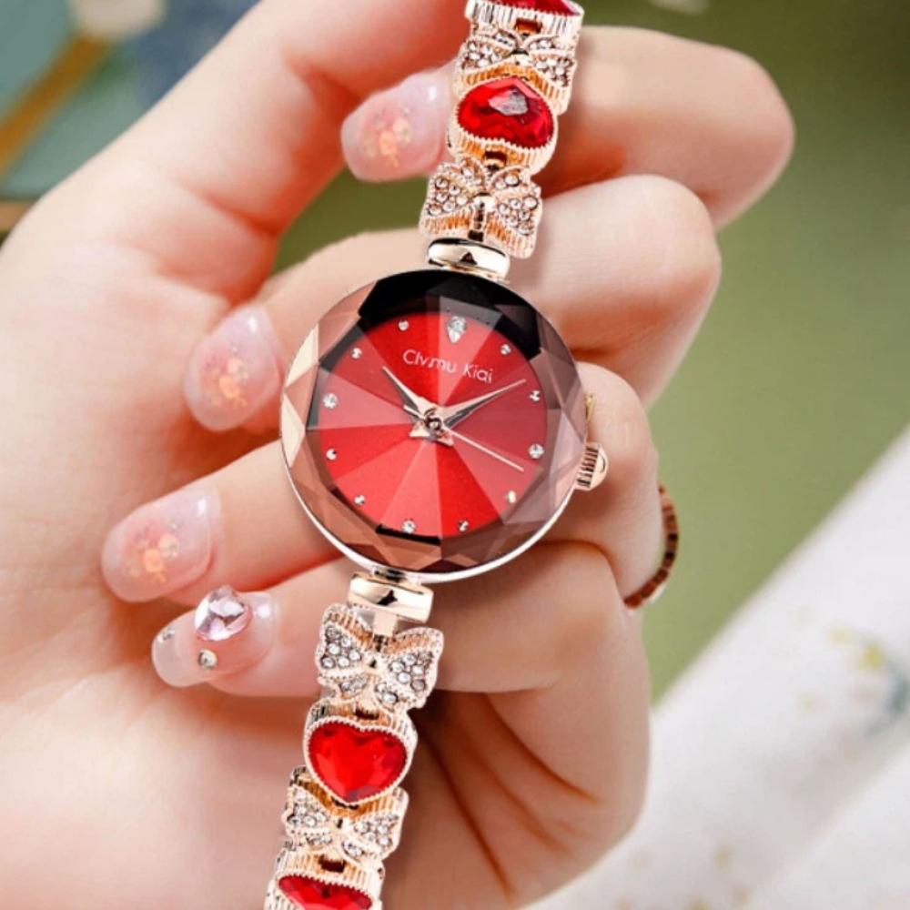 Cimiu Kiai Montre à Quartz Ronde Facettée pour Dames Bracelet Cœur Strassé Nœud Cristal Incrusté Élégante Montre-Bracelet de Soirée de Luxe Cadeau pour Femmes