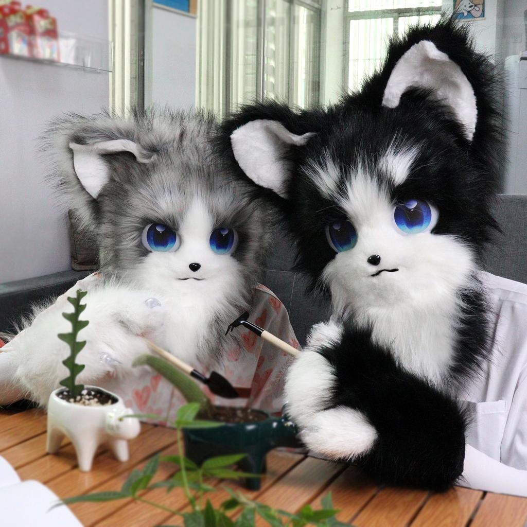 Tierisch Felliger Fursuit Kopfmaske Plüsch Katze Fuchs Maske Kostüm Requisiten für Halloween Cosplay Party