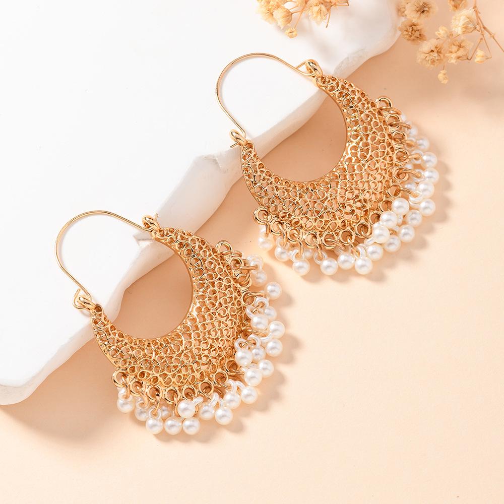 Copper-Plated Gold Zircon Hoop Earrings with Pearls - Elegant and Luxurious Design