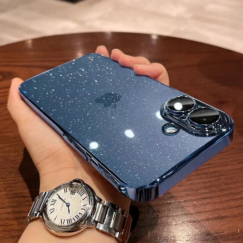 Glitter Transparent Hard PC Slim Case for iPhone 16 15 14 Pro Max Plus 13 12 11 Plating Clear Camera Protector Ultra Thin Cover