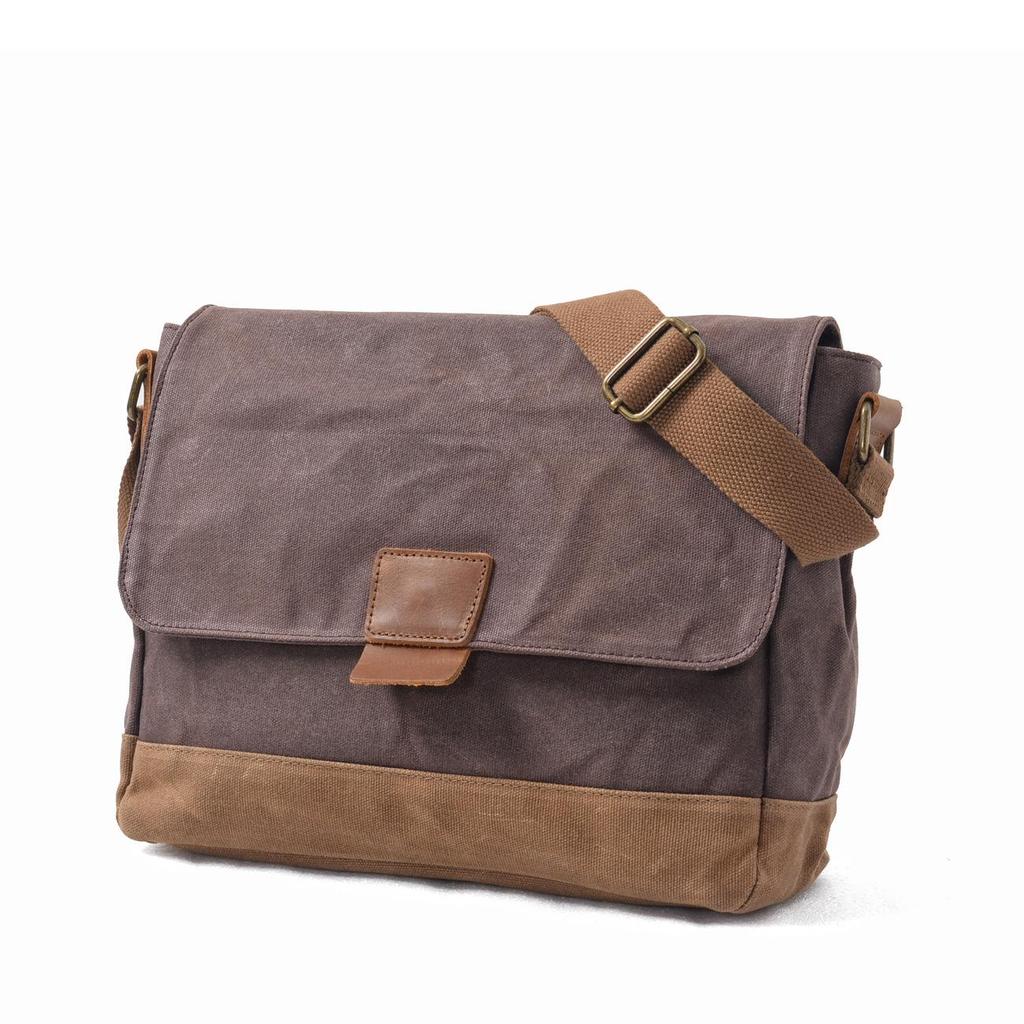 Waxed Canvas Patchwork Crossbody Bag - Top Grain Cowhide, Waterproof, Retro, Casual Men's Shoulder Bag