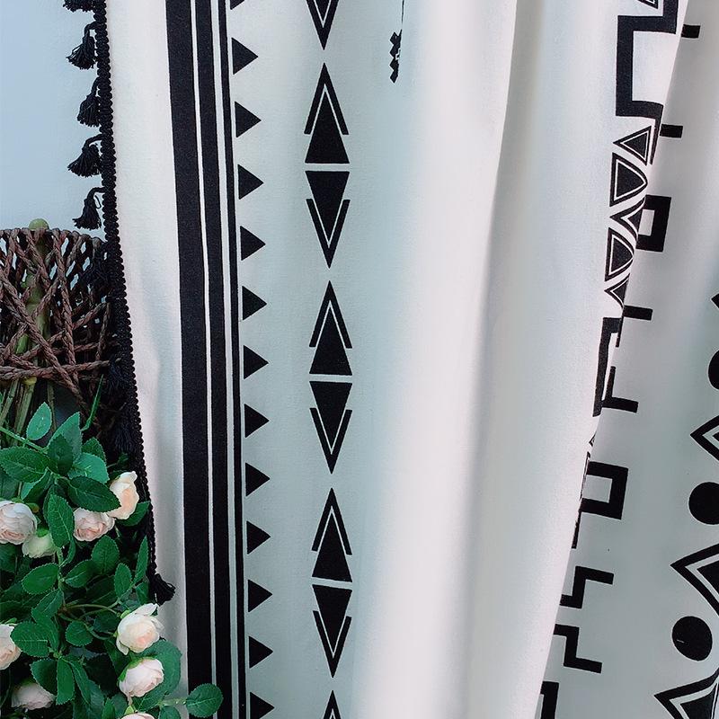 Bohemian Style Finished Cotton And Linen Black Fringed Print Kitchen Curtain Bay Window Curtain