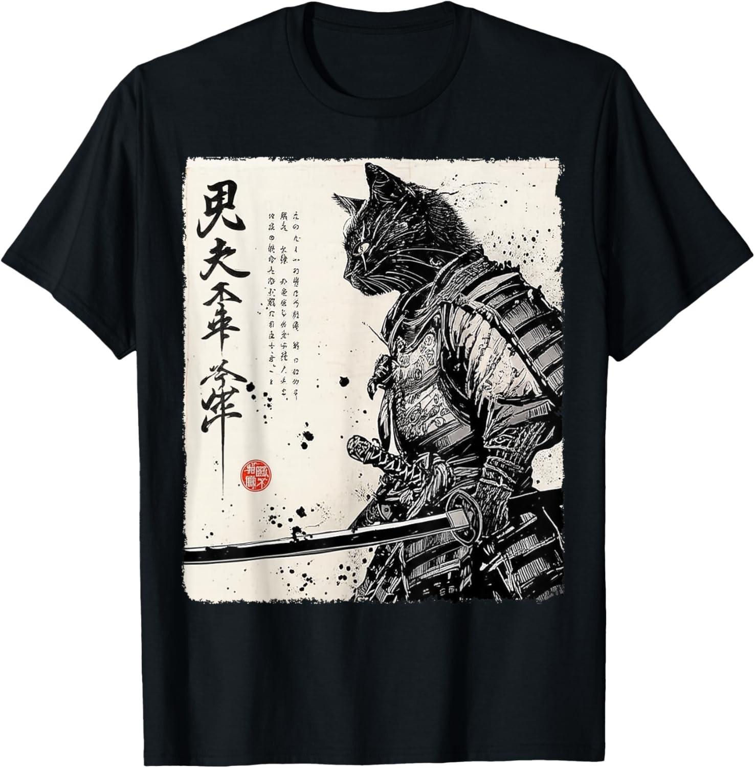Samurai Cat Japanese Art Anime Gifts Men Women Kid Graphic unisex T-Shirt Mens Womens Tees Top L