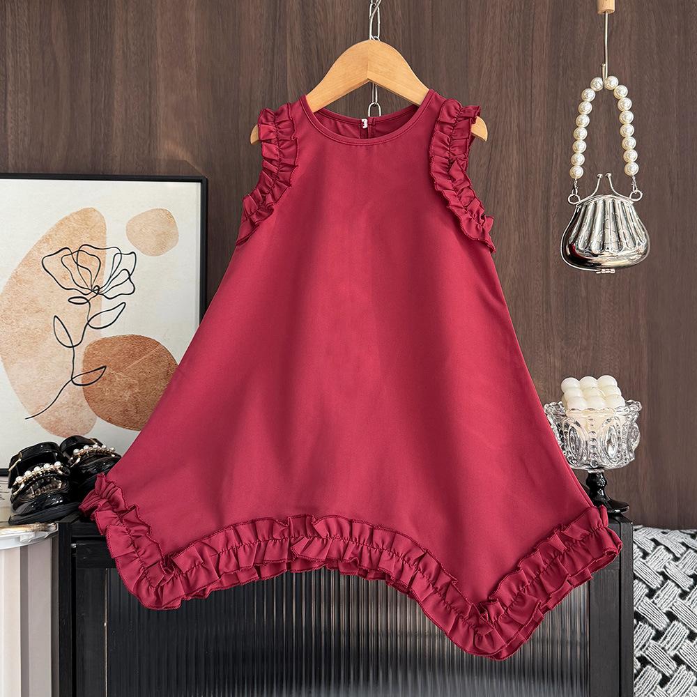 Girls Red Sleeveless Summer Dress Simple Stylish Lace Trim Fashionable Kids Party Dress 120cm