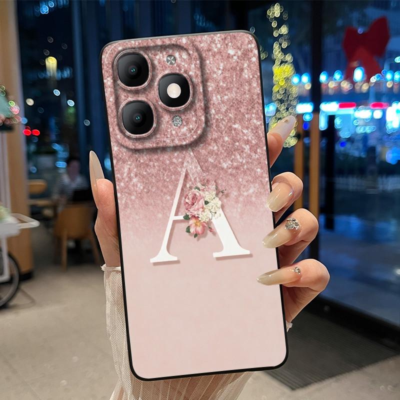 Fashion Design Initial Letter With Flower Pattern Phone Case For Itel A90 Soft Silicone Anti-scratch Black Couple Casing
