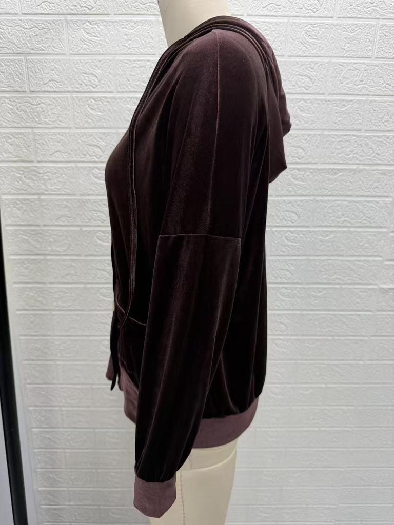 2026 Women's Autumn/Winter Velvet Hooded Button-Up Cardigan Coat - European/American Style, Solid Color, Long Sleeve, Casual Fashion