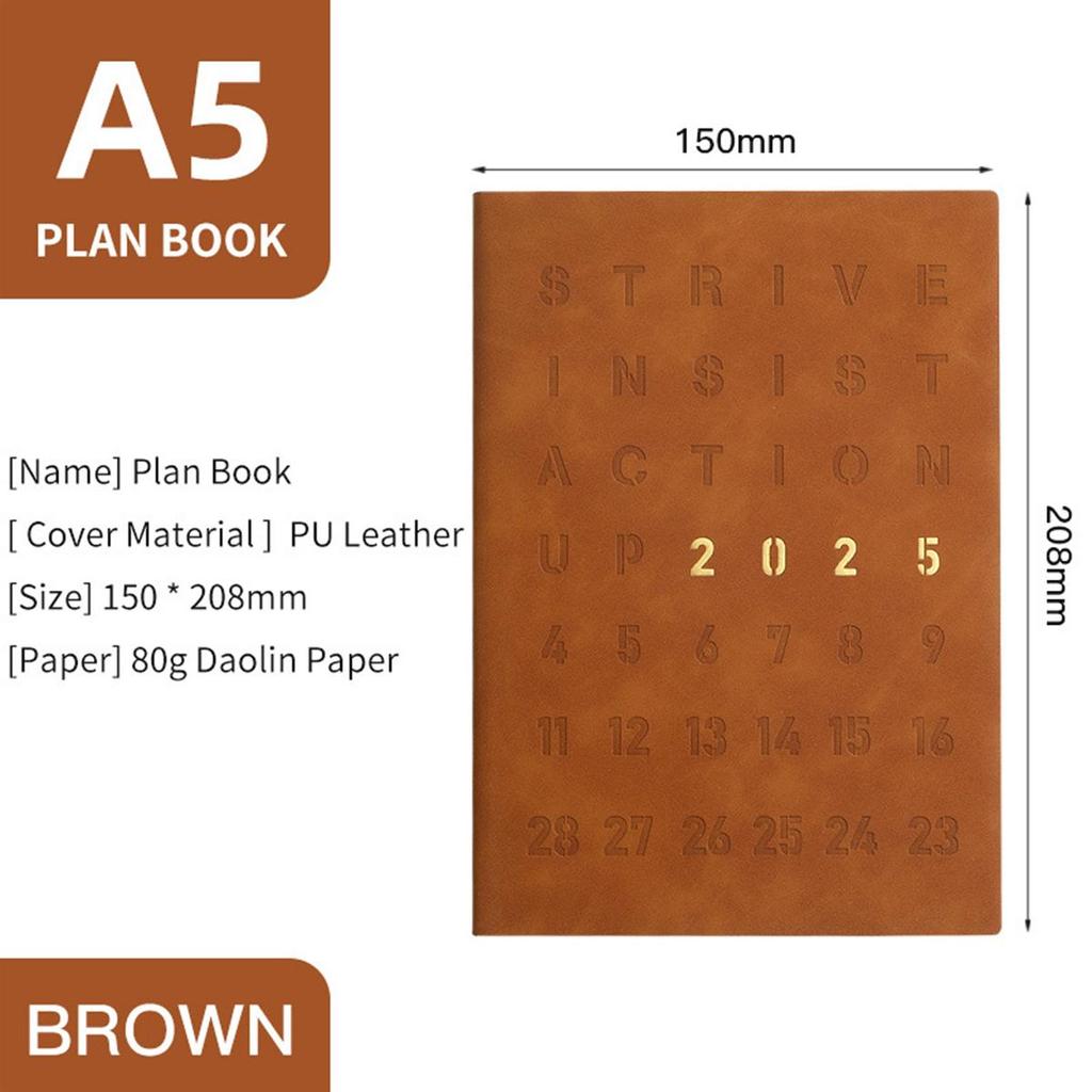 Full English pages, 2025 calendar, A5 thickened leather student time planner, business notepad, 365-day daily planner, memo, notebook