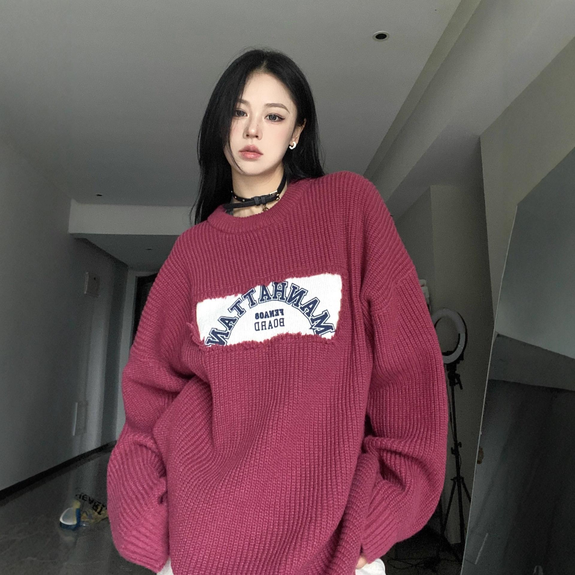 

Destructive sense Irregular splicing Crew neck knitted burgundy sweater Casual loose white women ins one size fits all