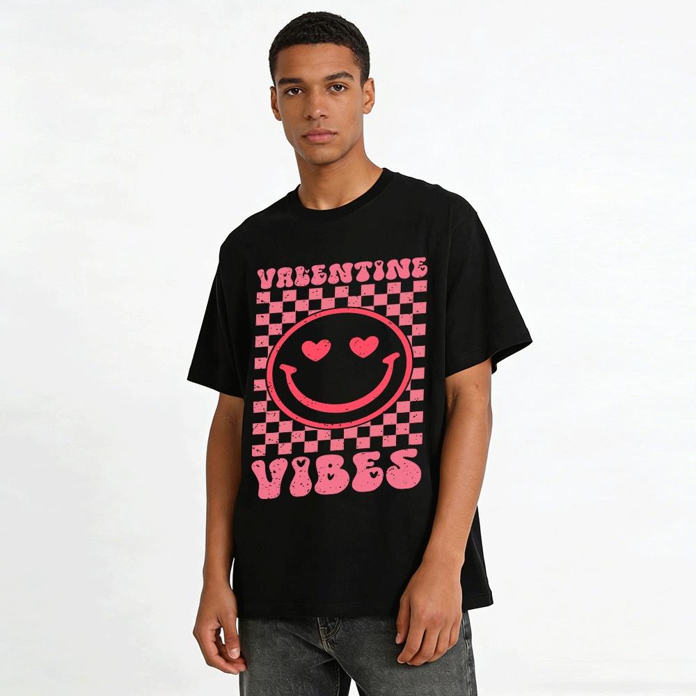 Valentine Vibes Heart Eyes Smiley Face Checkerboard Graphic Tee Pure Cotton T-shirt