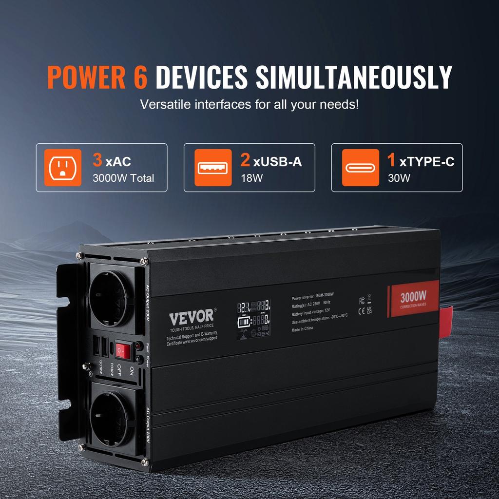VEVOR Modified Sine Wave Inverter, 3000Watt, DC 12V To AC 230V LCD Display Power Inverter with 3 AC Outlets 2 USB Port 1 Type-C Port 10 Spare Fuses