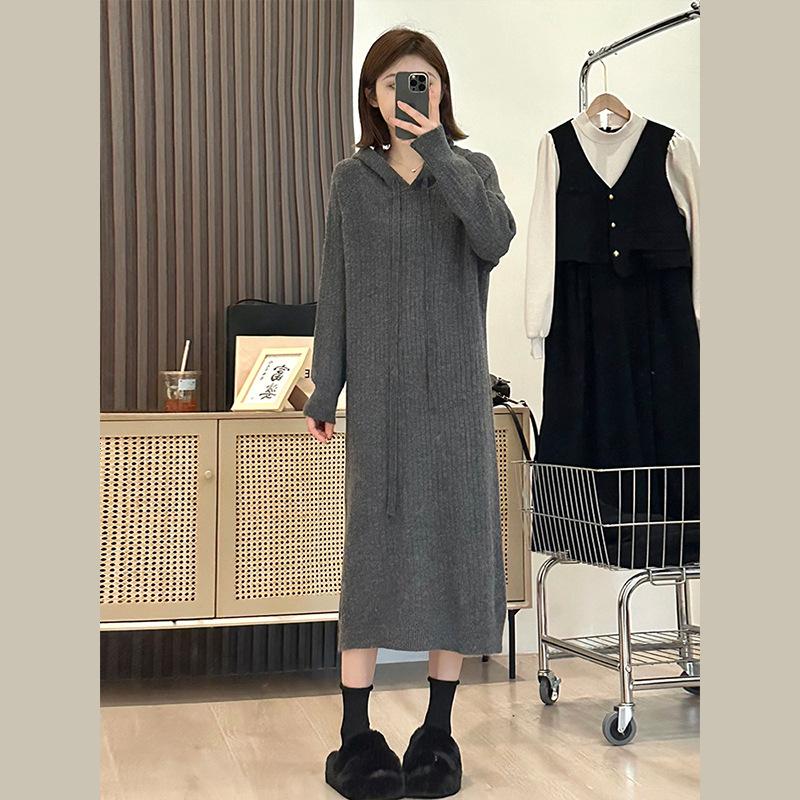 Hooded Medium and Long Autumn and Winter Knitted Dress, New Lazy Style Loose and Thin Women's Sweater Skirt