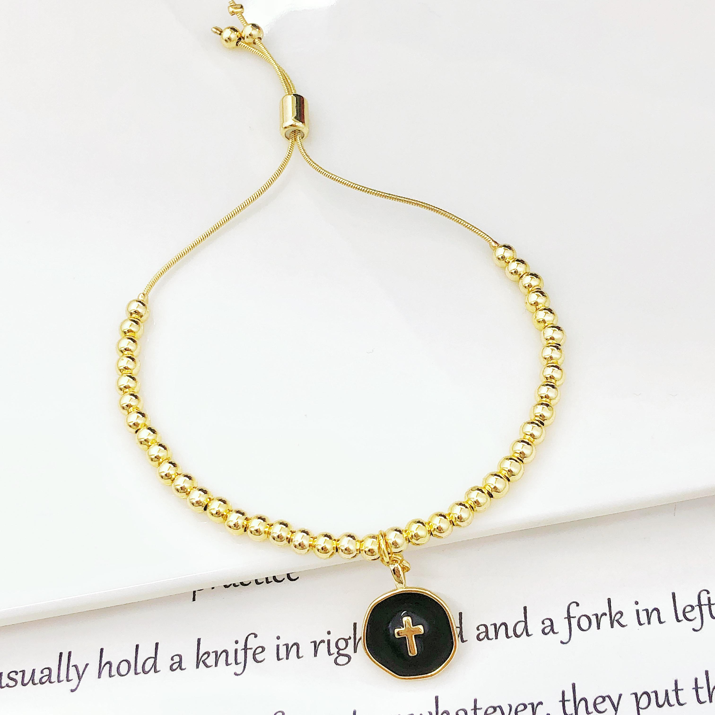Simple Round Cross Copper Bead Chain Bracelet Adjustable Drawstring Charm Bracelet Classic for Men Women Party Wedding Zircon