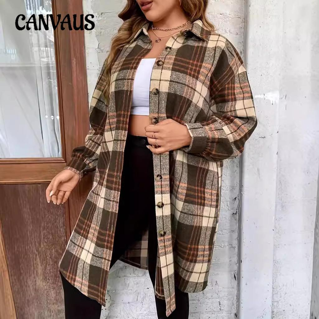 Autumn Long-sleeved Lapel Plaid Shirt Mid-length Tops Women's Shirt Plus Size Women's Shirts