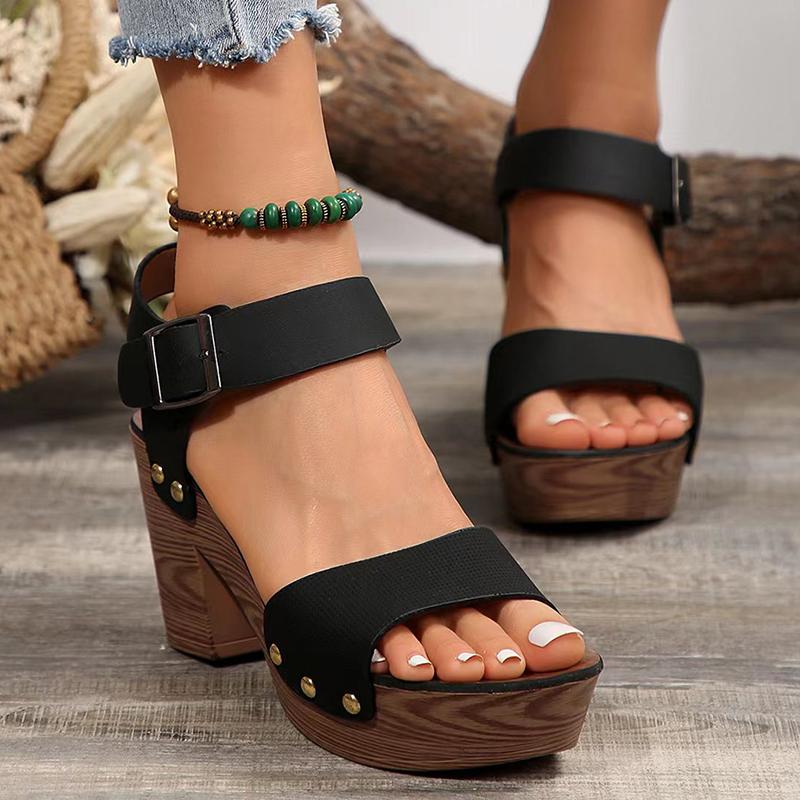 Fashion Women's Sandals 2025 Summer Chunky Sandals for Women Fashion Ankle Buckle Platform Shoes Woman Rivets Thick High Heel Sandals