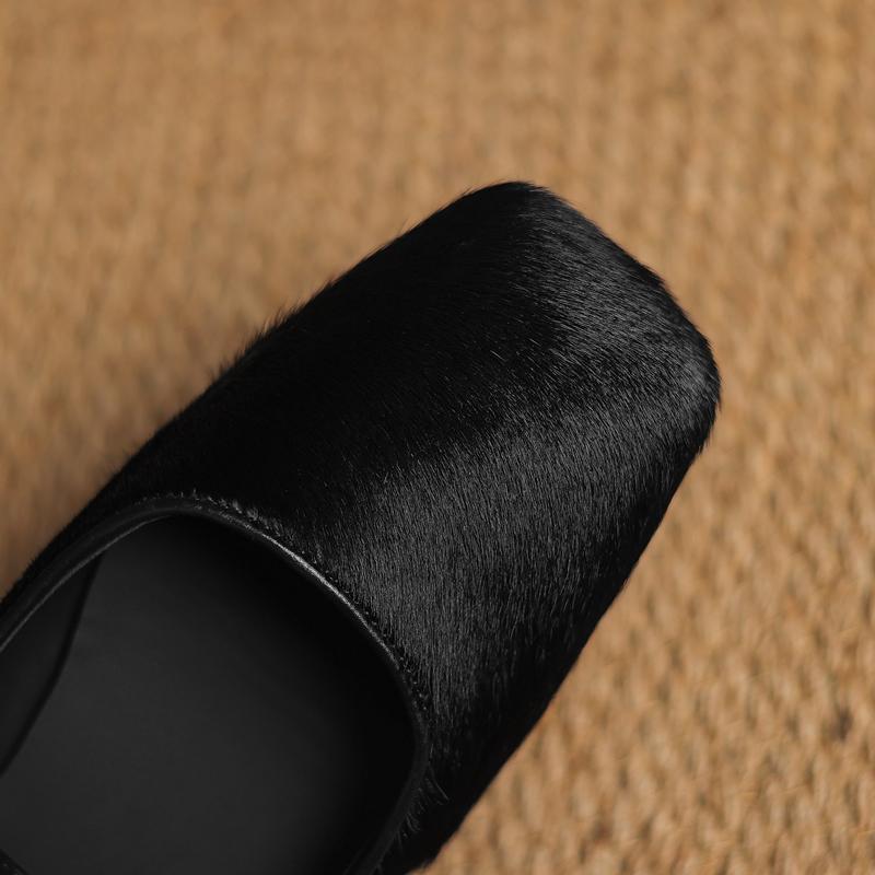Fashion New women's genuine leather, cowhide, horsehair, square head metal belt buckle, low heel, plus size Mary Jane shoes, single shoe