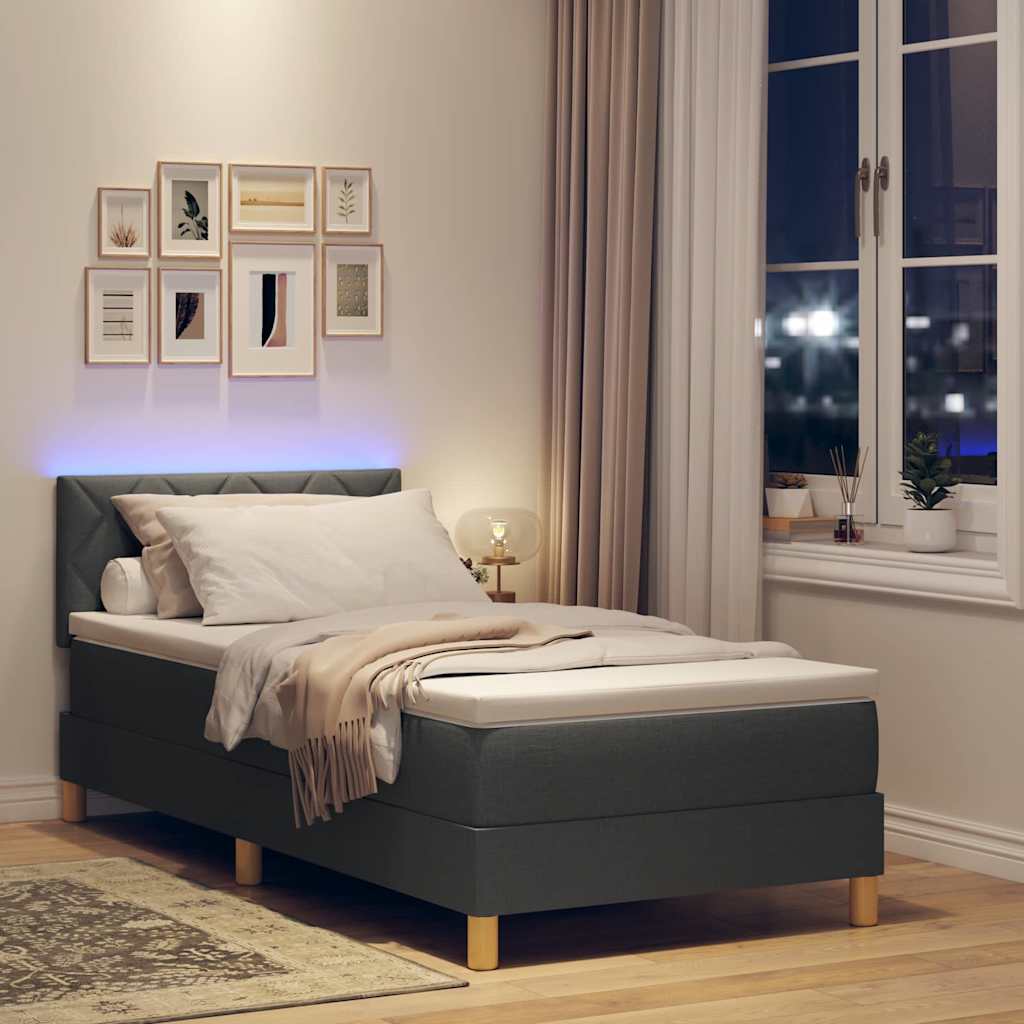 LED Box Spring Bed with Headboard Dark Gray 90 x 200 cm Fabric
