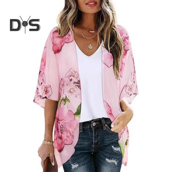 

Женская пляжная рубашка с рукавом 3/4, средней длины, солнцезащитный топ с цветочным принтом, дышащая, свободного кроя, пляжная шаль, верхняя одежда XL розовый